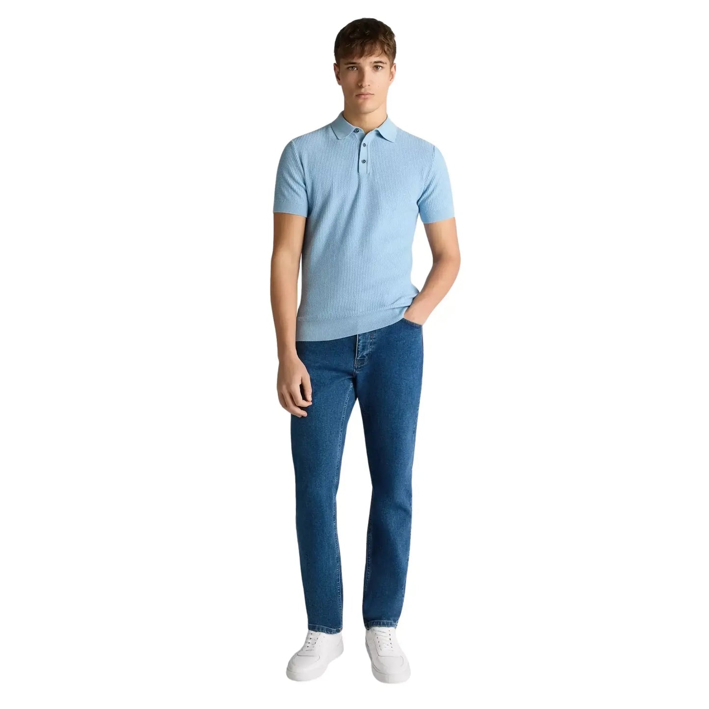 Buy Remus Uomo 3-Button Textured Polo - Sky Blue | Short-Sleeved Polo Shirtss at Woven Durham