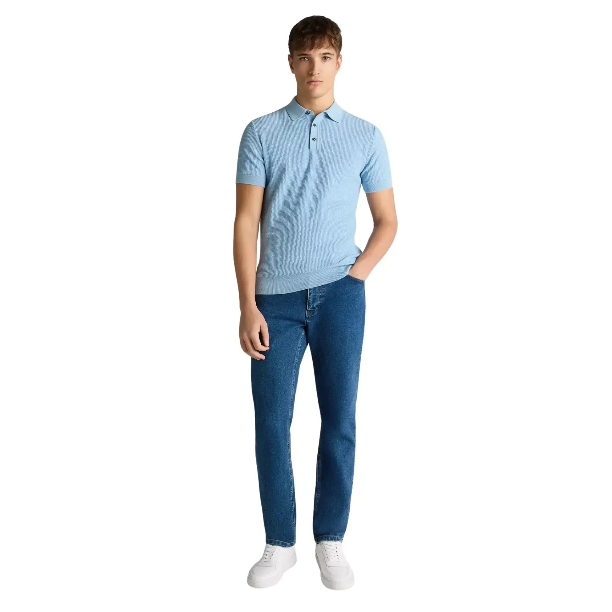 Buy Remus Uomo 3-Button Textured Polo - Sky Blue | Short-Sleeved Polo Shirtss at Woven Durham