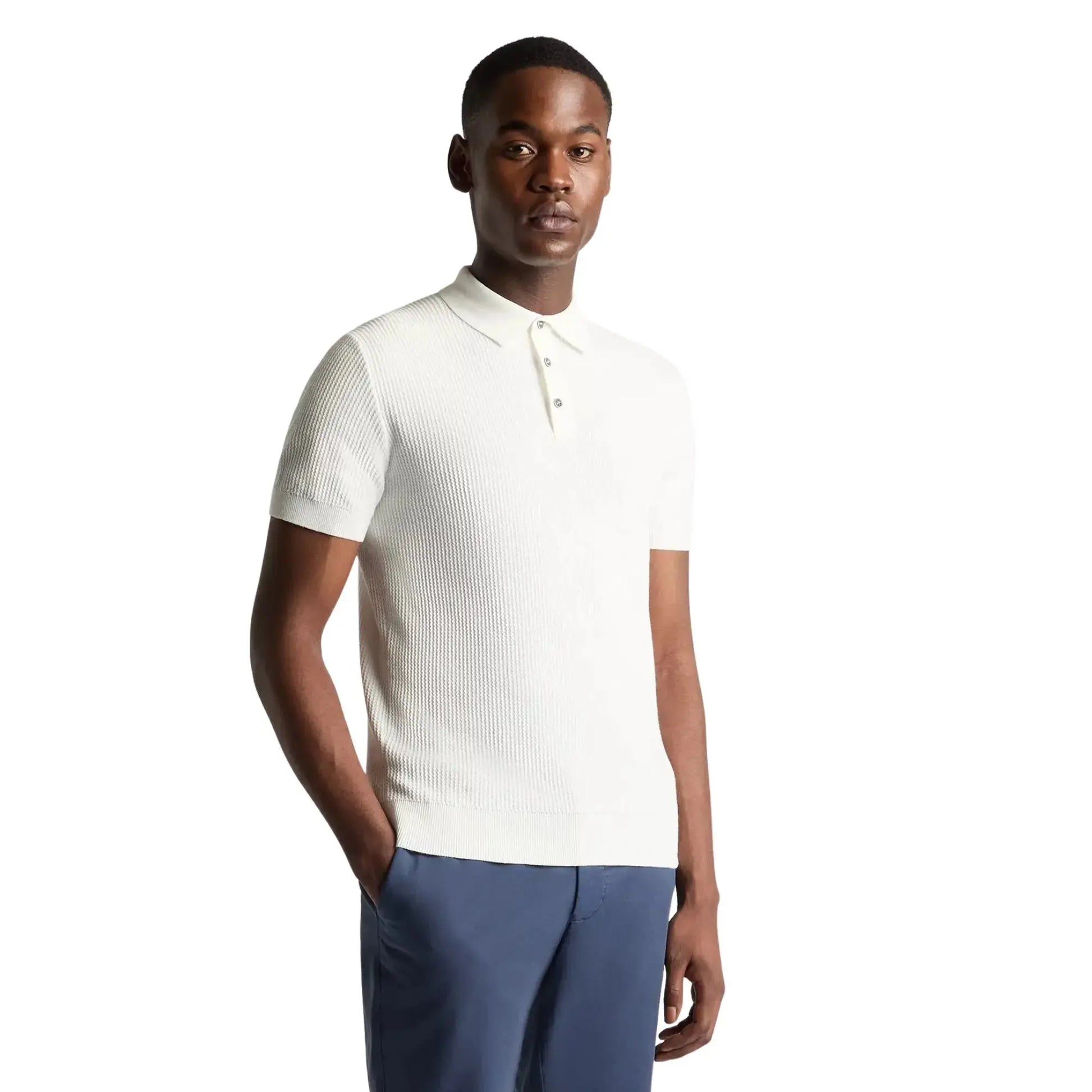 Buy Remus Uomo 3-Button Textured Polo - White | Short-Sleeved Polo Shirtss at Woven Durham