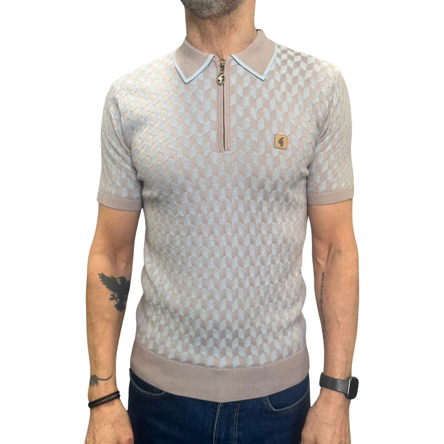 Buy Gabicci Vintage Carter Three Quarter Zip Knitted Polo Shirt - Mushroom | Short-Sleeved Polo Shirtss at Woven Durham
