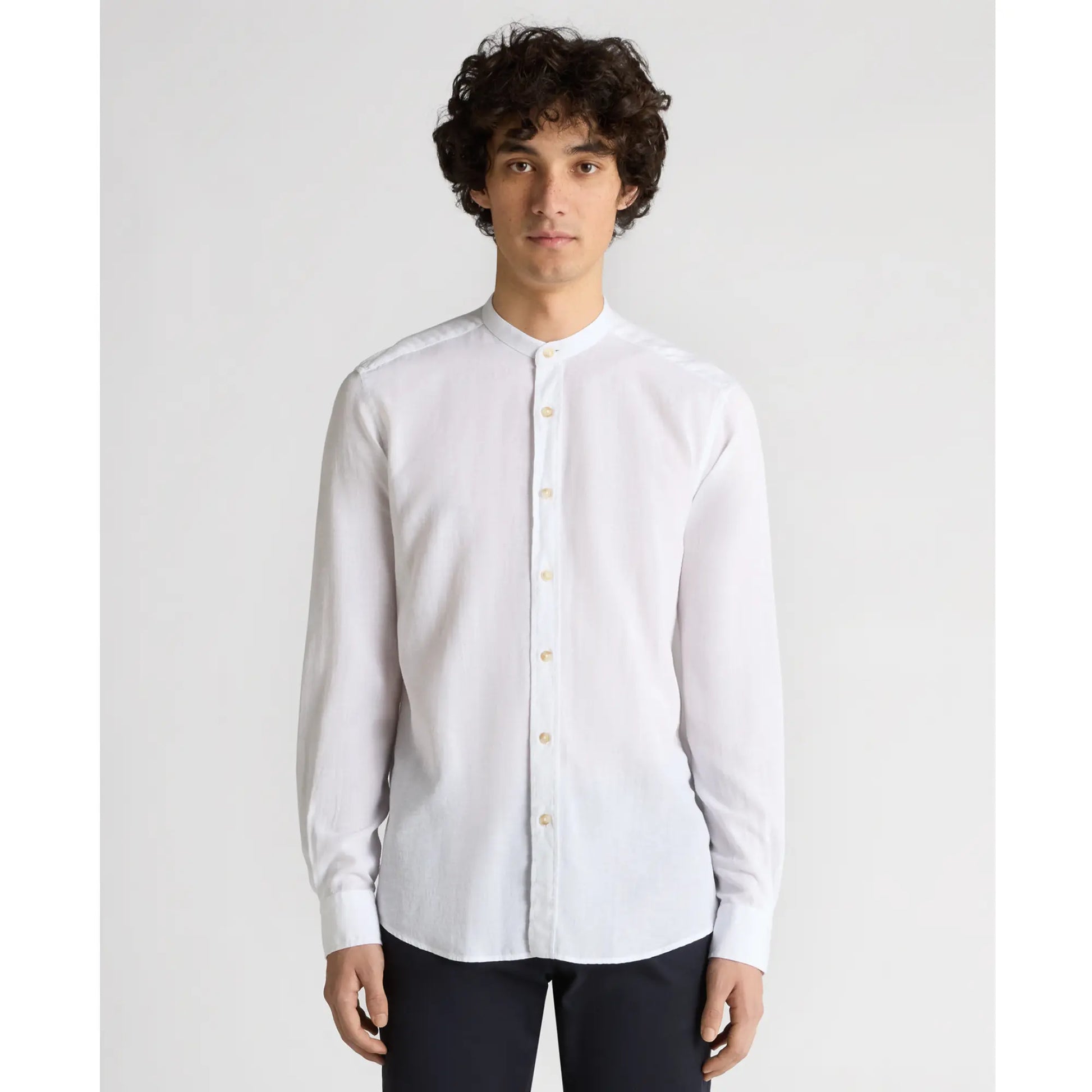 Buy Remus Uomo Cole Linen Grandad Collar Shirt - White | Long-Sleeved Shirtss at Woven Durham