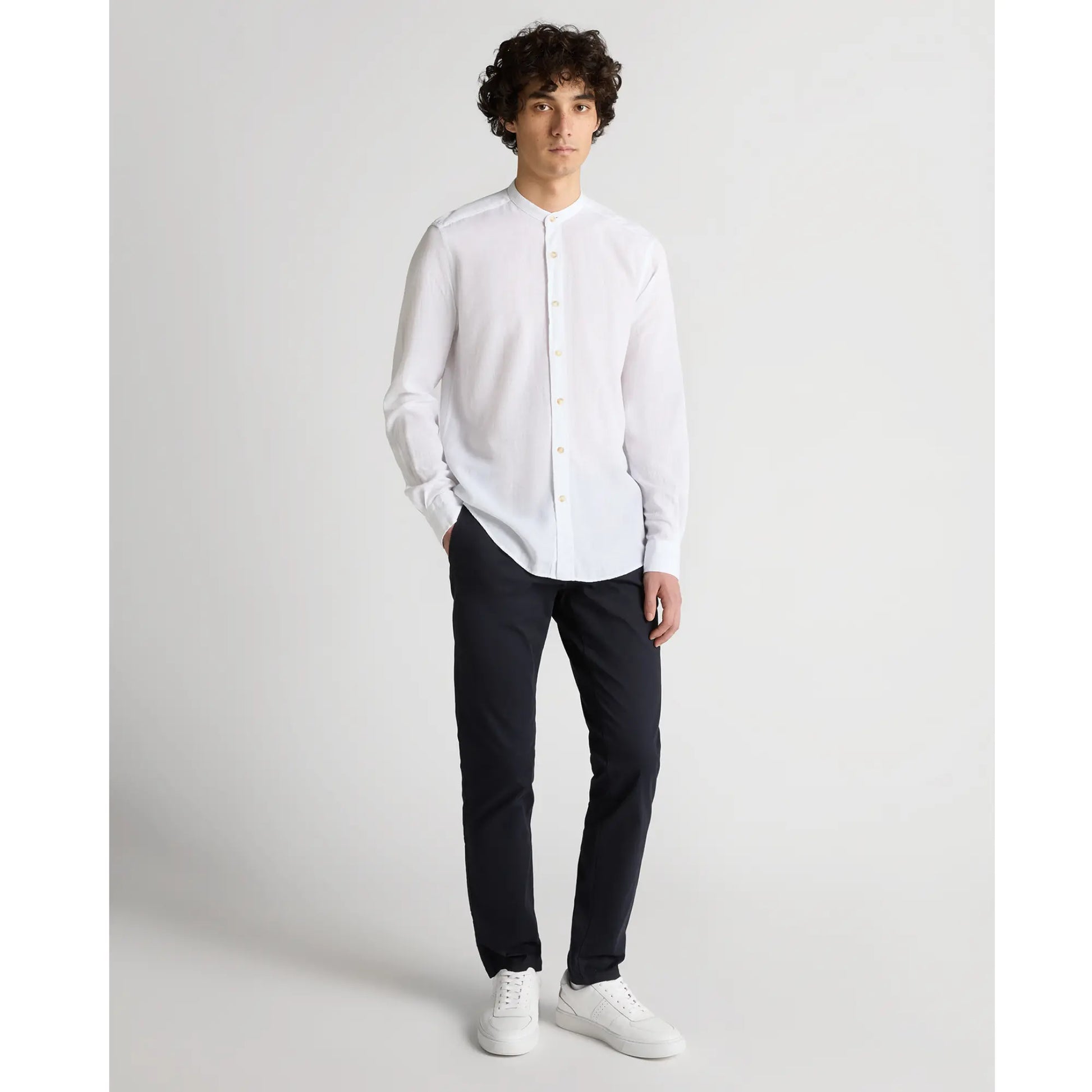 Buy Remus Uomo Cole Linen Grandad Collar Shirt - White | Long-Sleeved Shirtss at Woven Durham