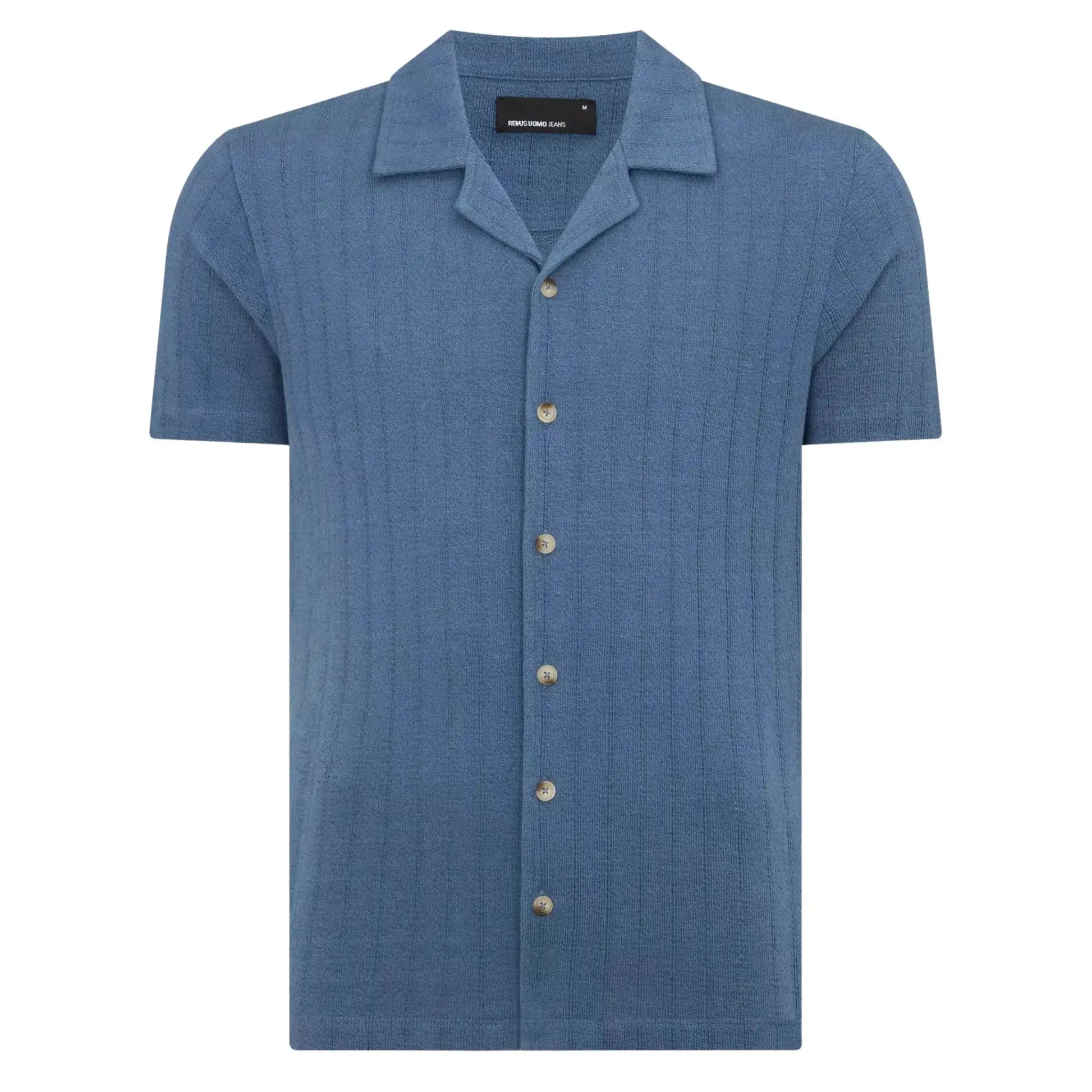 Buy Remus Uomo Cuban Collar Button-Thru Shirt - Blue | Short-Sleeved Polo Shirtss at Woven Durham