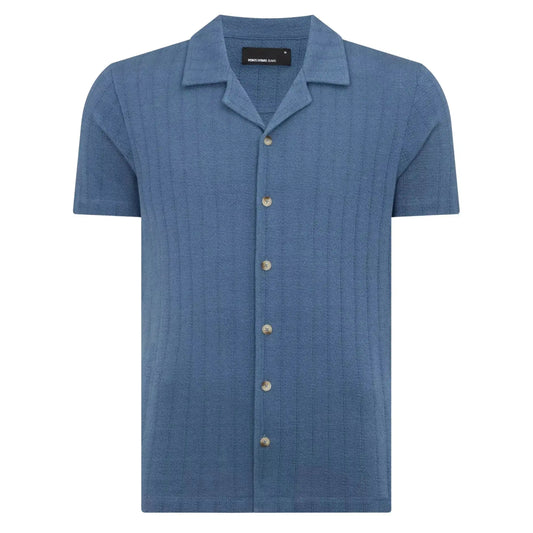 Buy Remus Uomo Cuban Collar Button-Thru Shirt - Blue | Short-Sleeved Polo Shirtss at Woven Durham