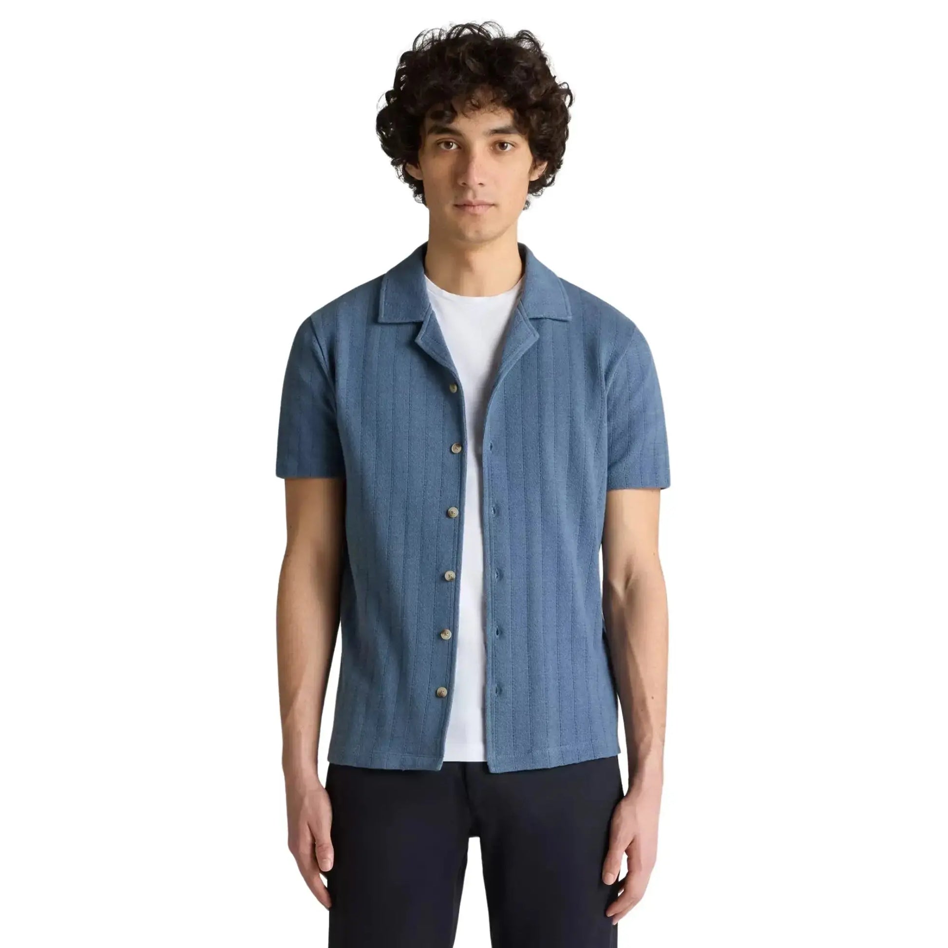 Buy Remus Uomo Cuban Collar Button-Thru Shirt - Blue | Short-Sleeved Polo Shirtss at Woven Durham