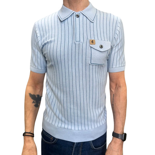 Buy Gabicci Vintage Danny Stripe Knitted Polo Shirt - Azure | Short-Sleeved Polo Shirtss at Woven Durham