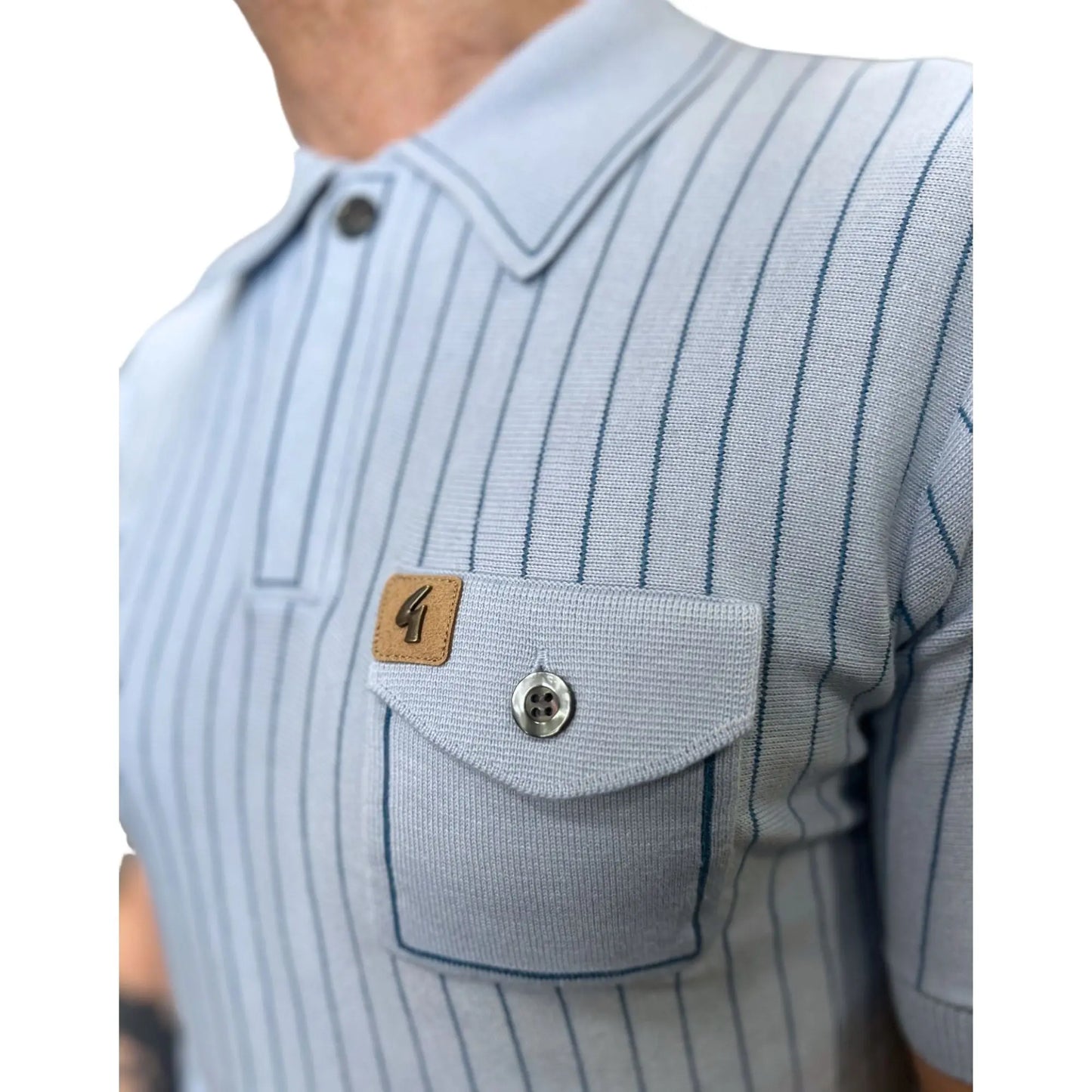 Buy Gabicci Vintage Danny Stripe Knitted Polo Shirt - Azure | Short-Sleeved Polo Shirtss at Woven Durham