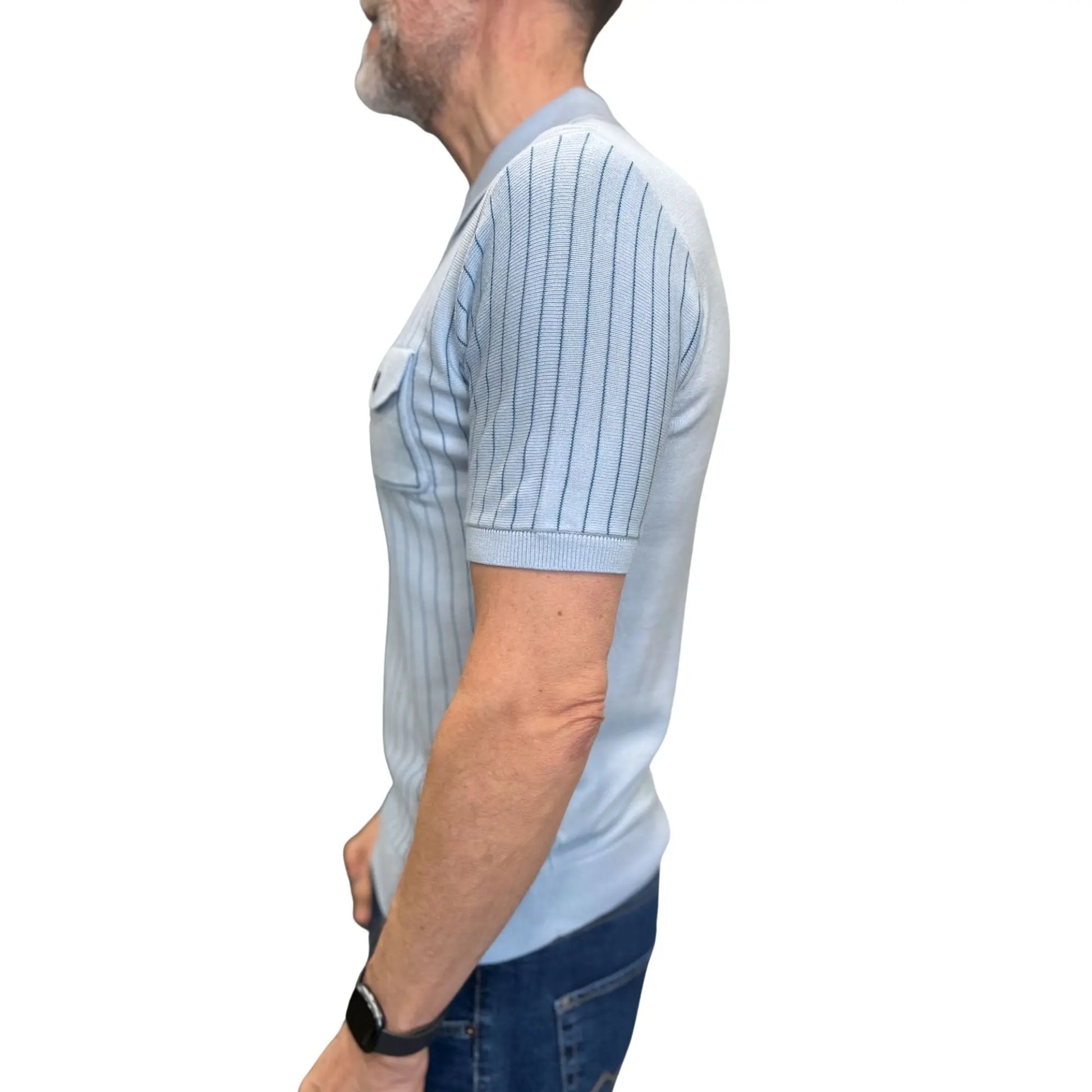 Buy Gabicci Vintage Danny Stripe Knitted Polo Shirt - Azure | Short-Sleeved Polo Shirtss at Woven Durham