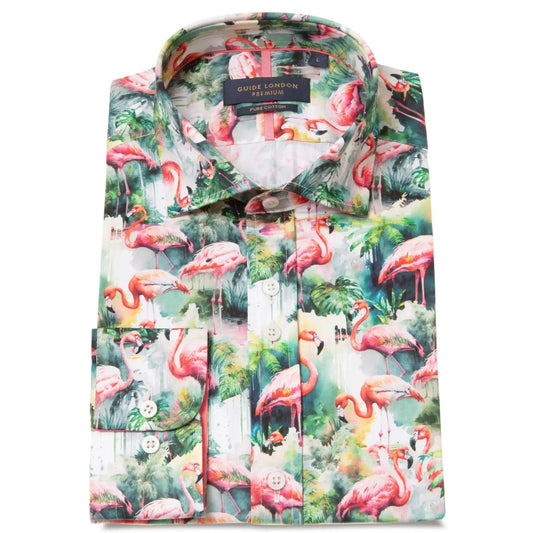 Buy Guide London Flamingo Print Long Sleeve Shirt - Green/Pink | Long-Sleeved Shirtss at Woven Durham