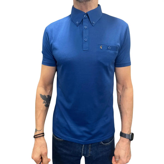 Buy Gabicci Vintage Ladro Skyway Blue Button-Down Collar Polo Shirt | Short-Sleeved Polo Shirtss at Woven Durham