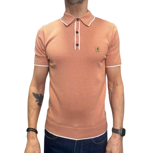 Buy Gabicci Vintage Lineker Trim Collar Knitted Polo Shirt - Peach | Short-Sleeved Polo Shirtss at Woven Durham