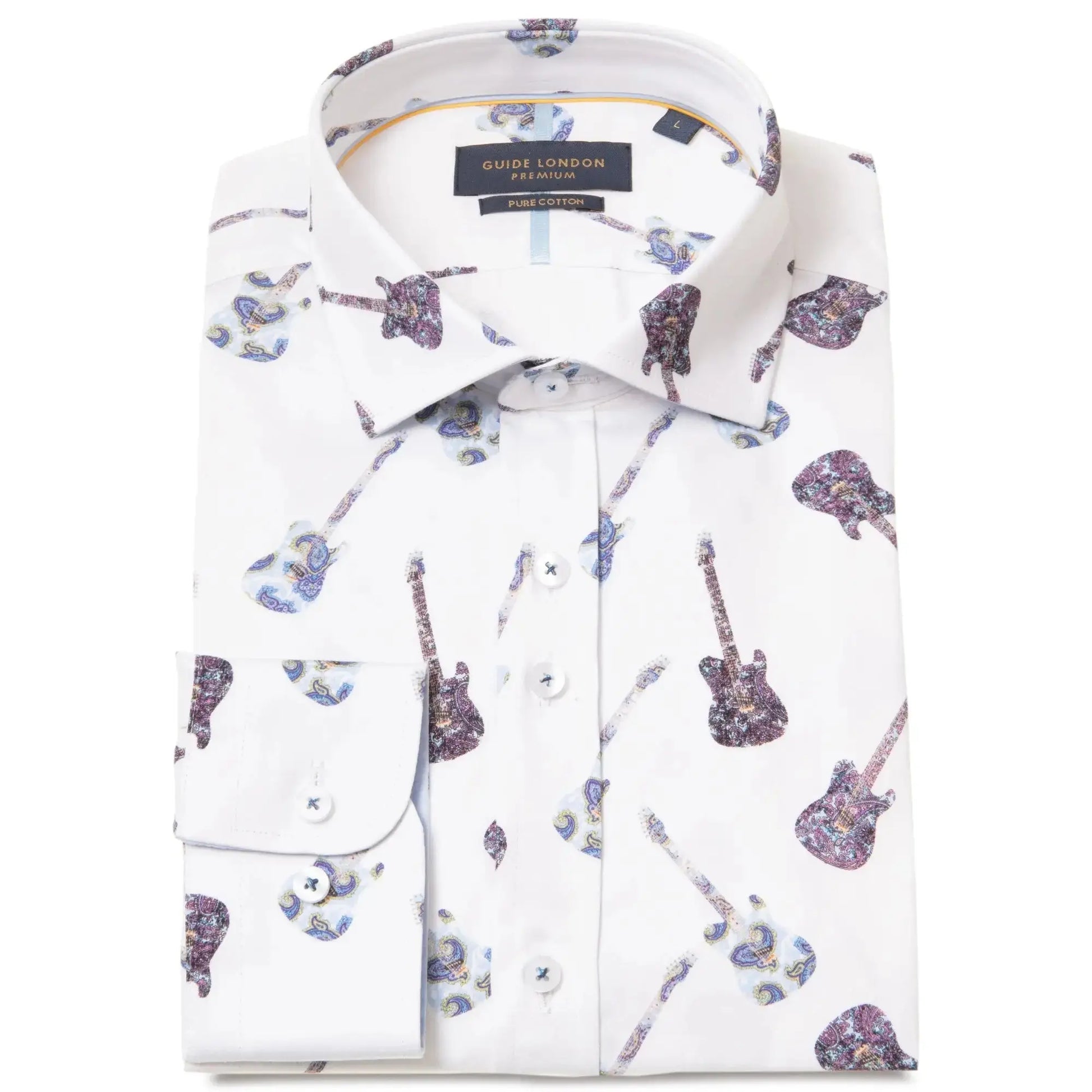 Buy Guide London Paisley Guitar Print Long Sleeve Shirt - White | Long-Sleeved Shirtss at Woven Durham