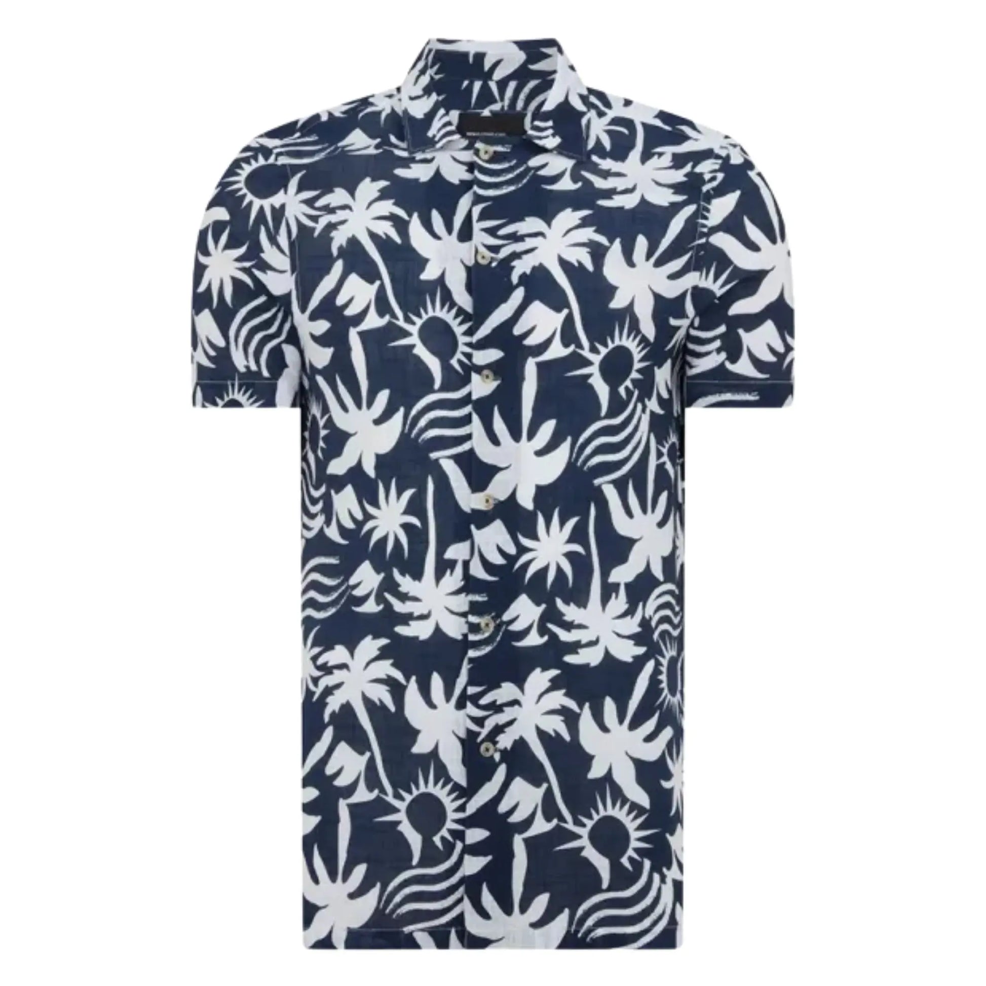 Buy Remus Uomo Palm Tree Print Short-Sleeve Shirt - Navy | Short-Sleeved Polo Shirtss at Woven Durham