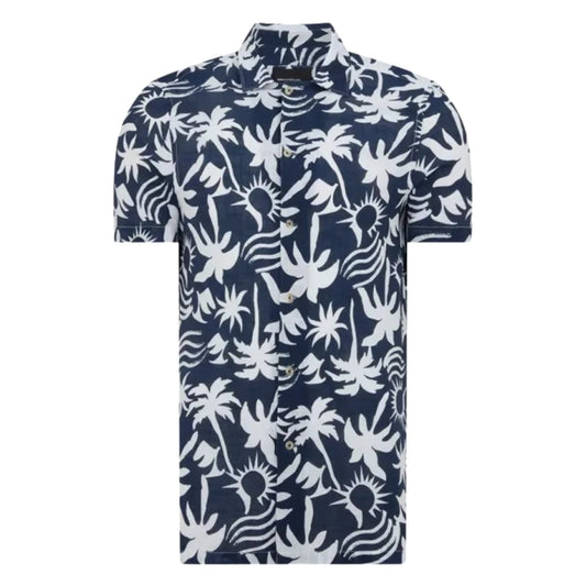 Buy Remus Uomo Palm Tree Print Short-Sleeve Shirt - Navy | Short-Sleeved Polo Shirtss at Woven Durham