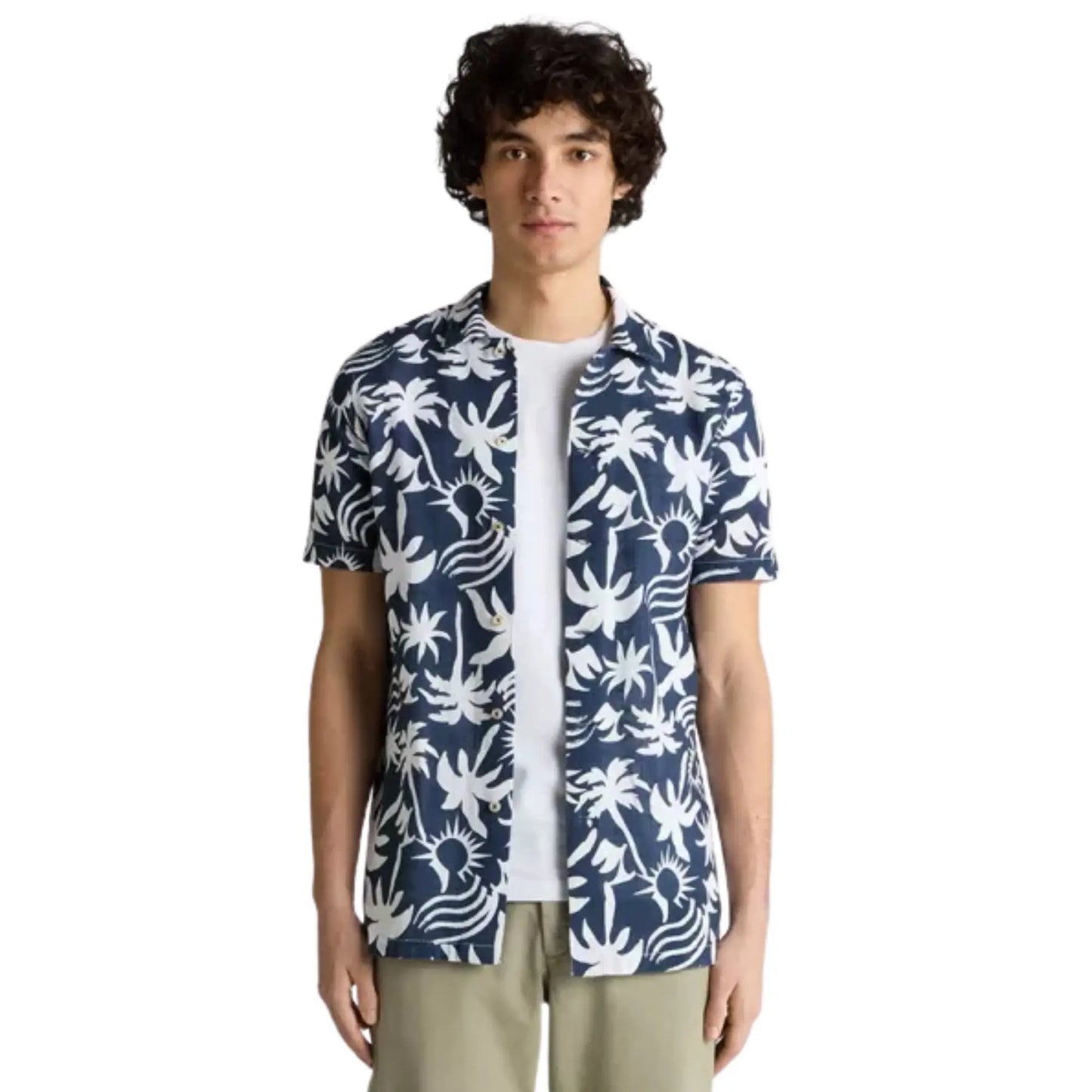 Buy Remus Uomo Palm Tree Print Short-Sleeve Shirt - Navy | Short-Sleeved Polo Shirtss at Woven Durham