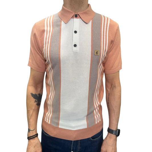 Buy Gabicci Vintage Searle Striped Knitted Polo Shirt - Peach | Short-Sleeved Polo Shirtss at Woven Durham