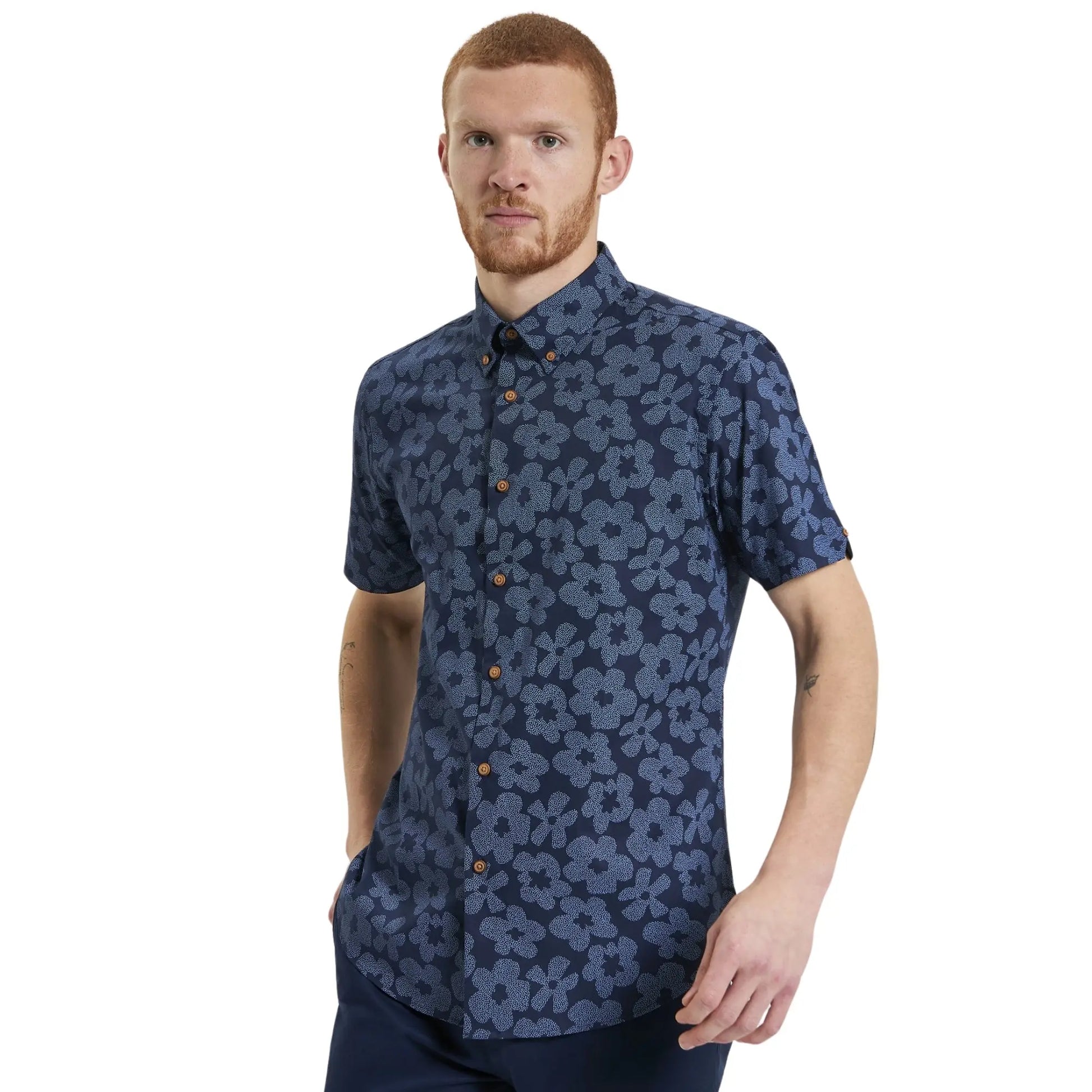 Buy Ben Sherman Stipple Floral Short Sleeve Shirt - Navy | Short-Sleeved Shirtss at Woven Durham