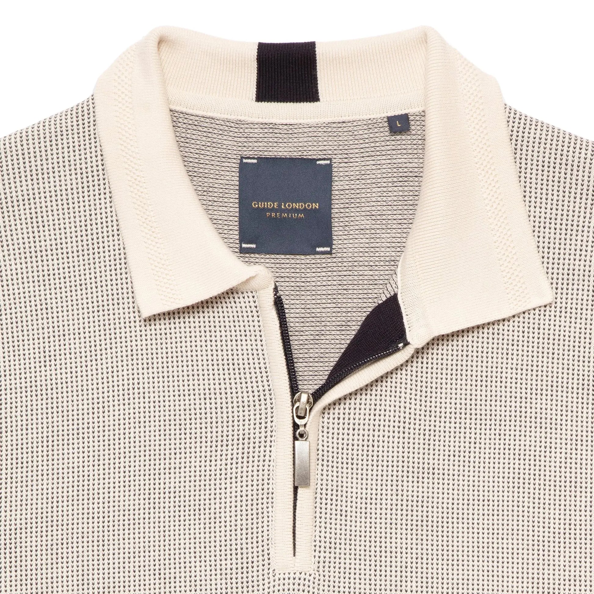 Buy Guide London Three Quarter Zip Short Sleeve Polo - Ivory/Navy | Short-Sleeved Polo Shirtss at Woven Durham