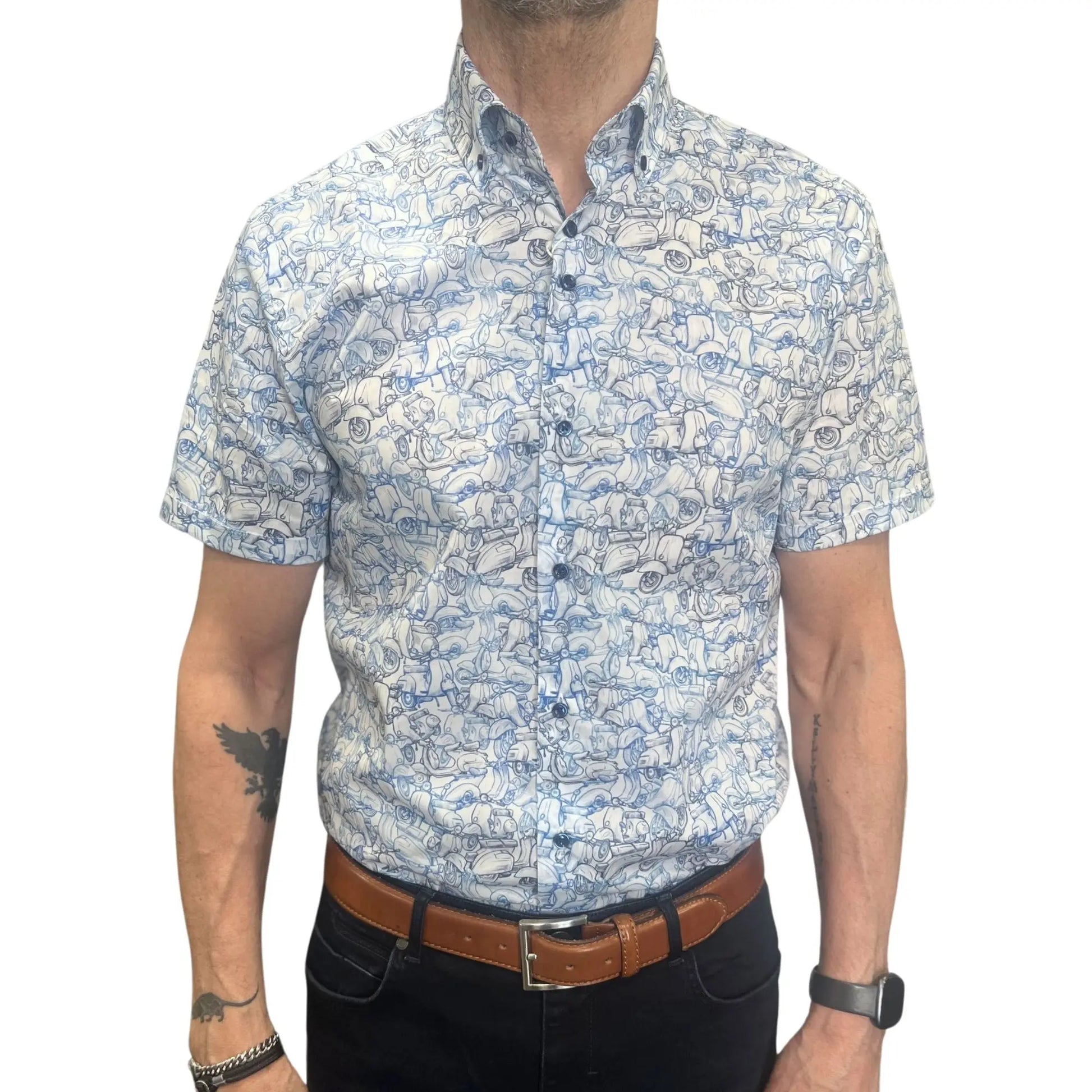 Buy Marnelli Sartoria Vesper Print Short Sleeve - Blue/White | Short-Sleeved Shirtss at Woven Durham