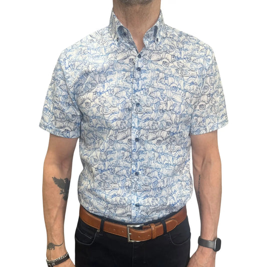 Buy Marnelli Sartoria Vesper Print Short Sleeve - Blue/White | Short-Sleeved Shirtss at Woven Durham