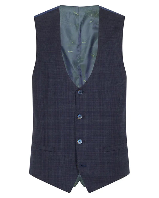 Remus Uomo Micro Check Peak Lapel Waistcoat - Navy / Brown From Woven Durham