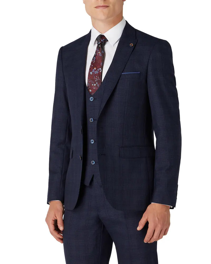 Remus Uomo Micro Check Peak Lapel Waistcoat - Navy / Brown From Woven Durham