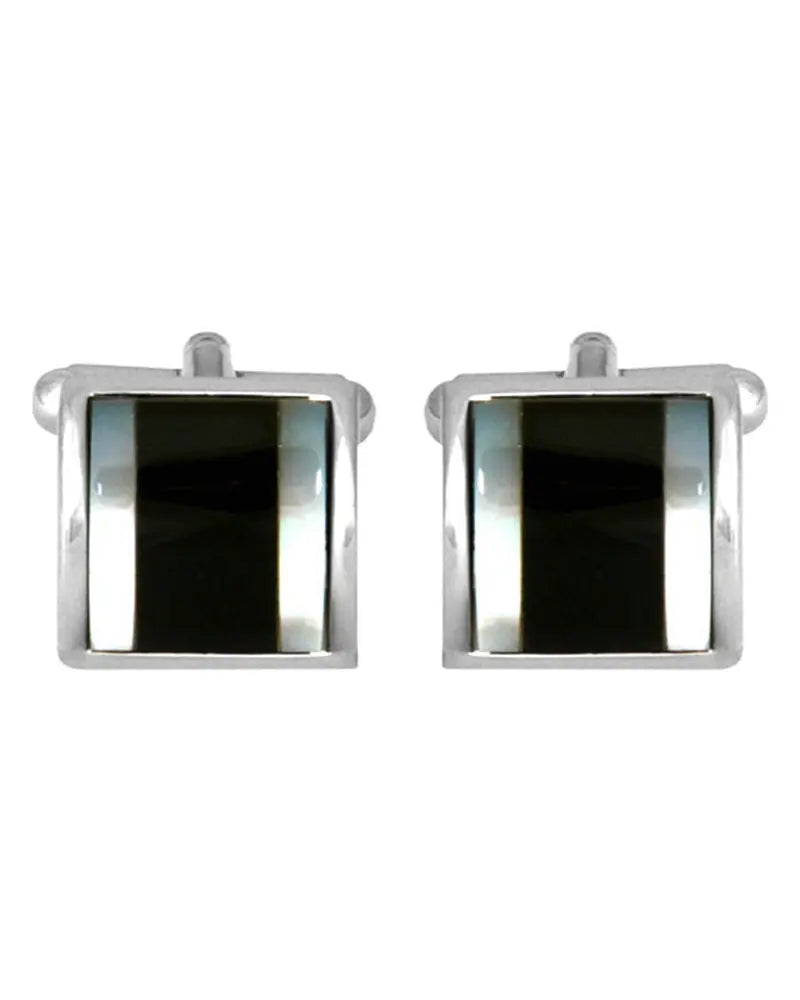 Onyx & Mother of Pearl Square Curved Cufflinks - Silver Dalaco