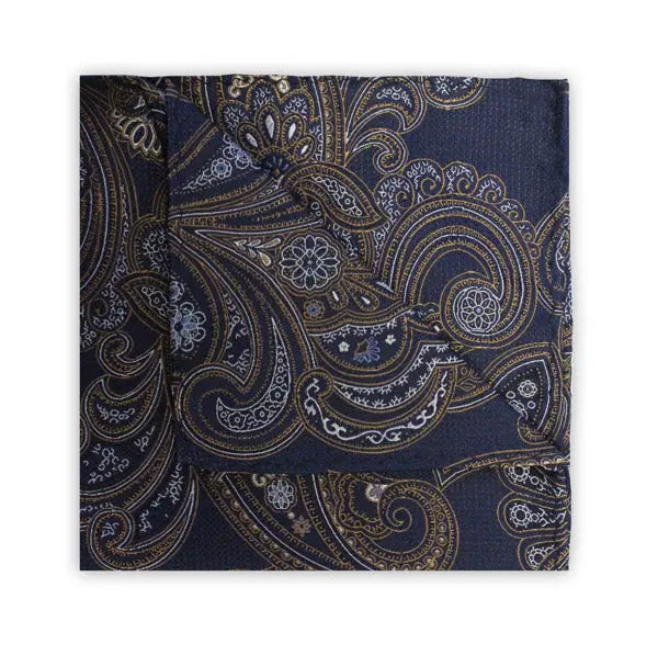 Paisley Silk Pocket Square - Navy / Bronze Knightsbridge Neckwear