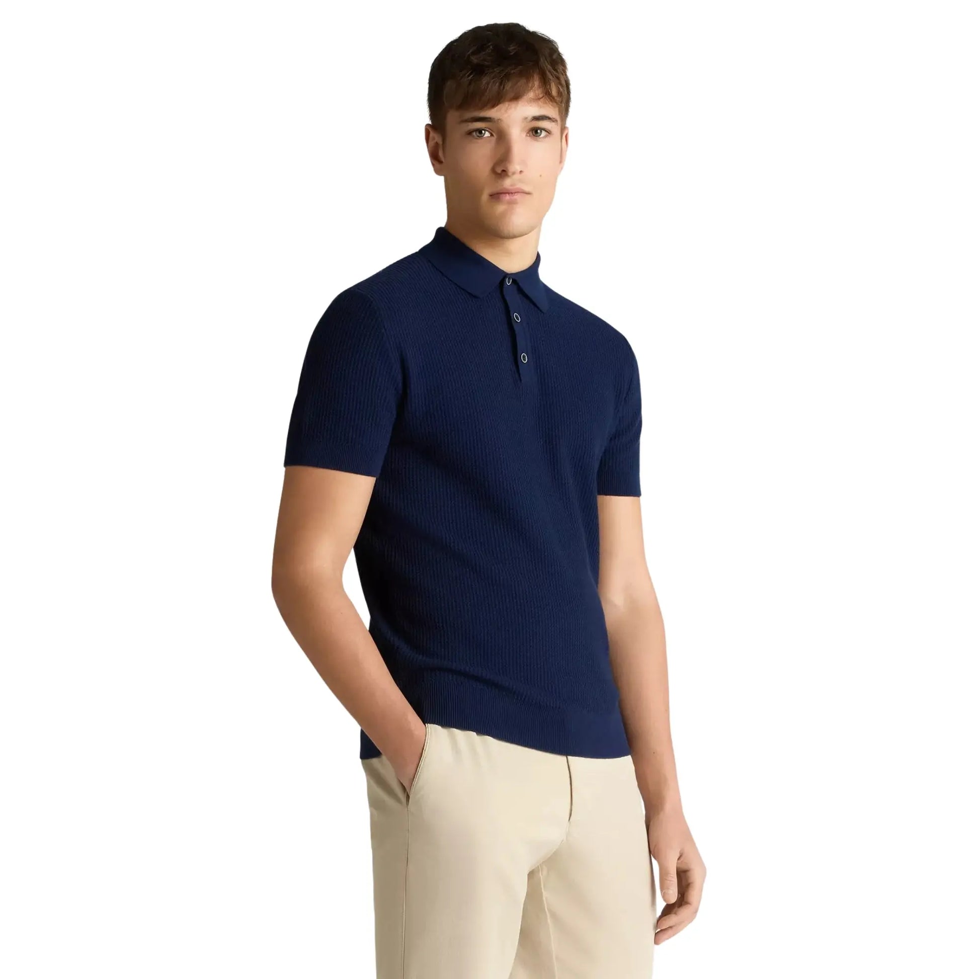 Buy Remus Uomo 3-Button Textured Polo - Navy | Short-Sleeved Polo Shirtss at Woven Durham