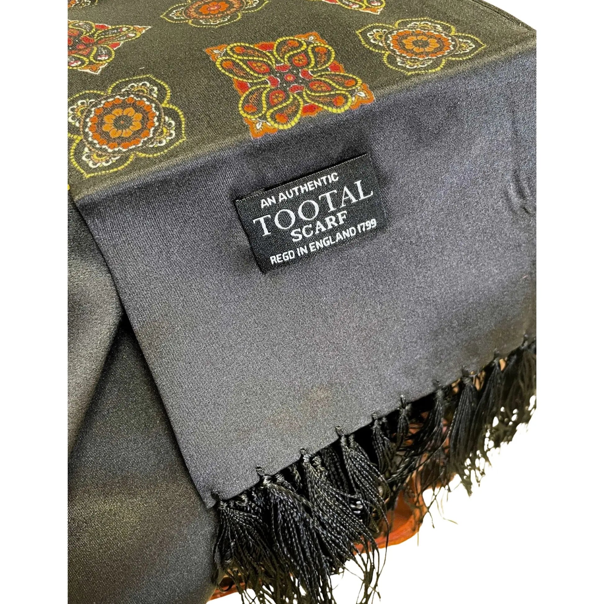 Buy Tootal Black Motif Border Design Reversible Silk Scarf | Aviator Scarvess at Woven Durham
