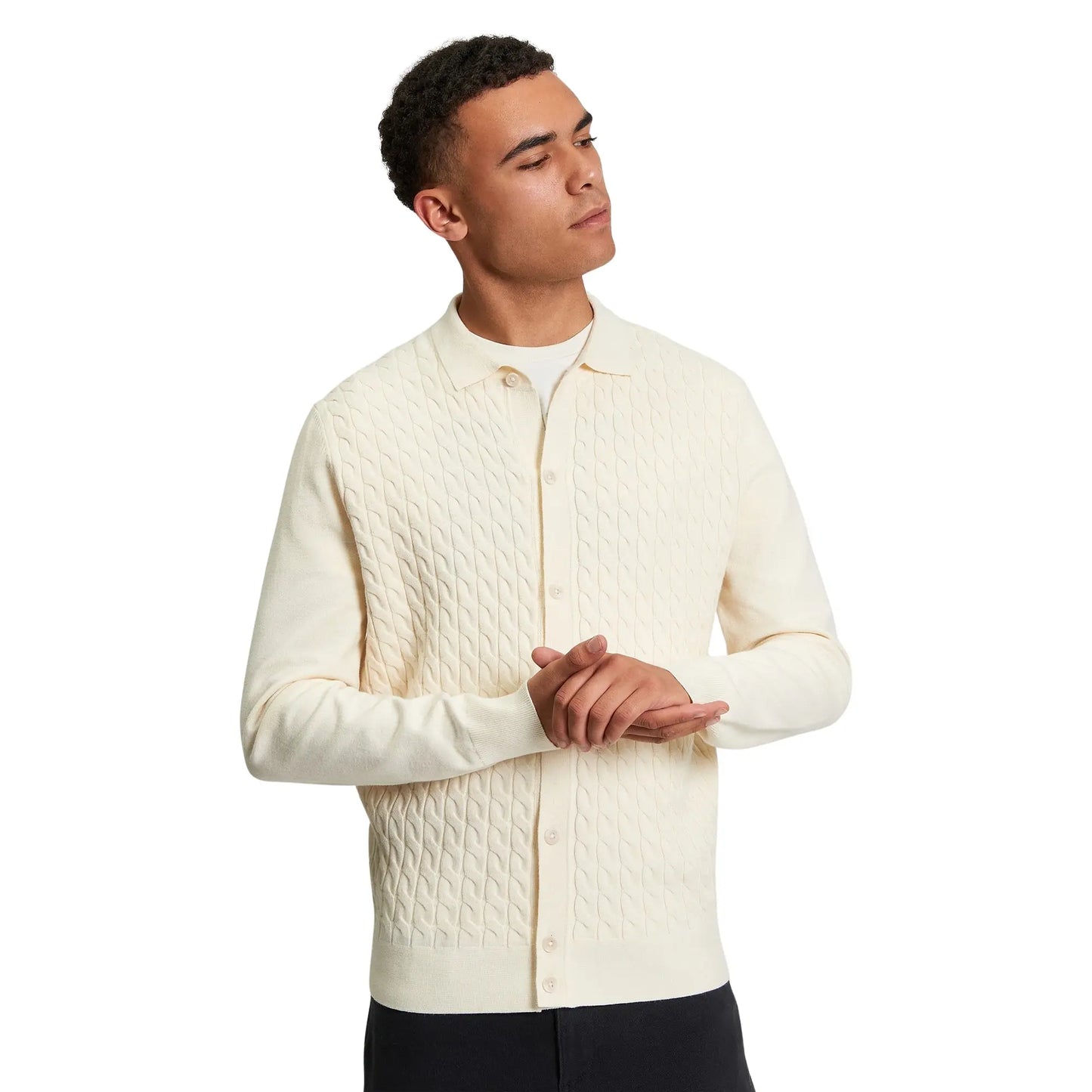 Buy Ben Sherman Button-Through Cable Polo - Ivory | Long-Sleeved Polo Shirtss at Woven Durham
