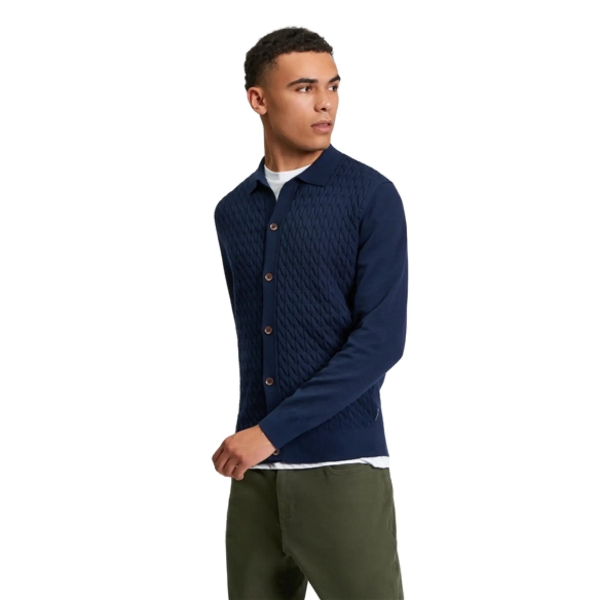 Buy Ben Sherman Button-Through Cable Polo - Navy | Long-Sleeved Polo Shirtss at Woven Durham