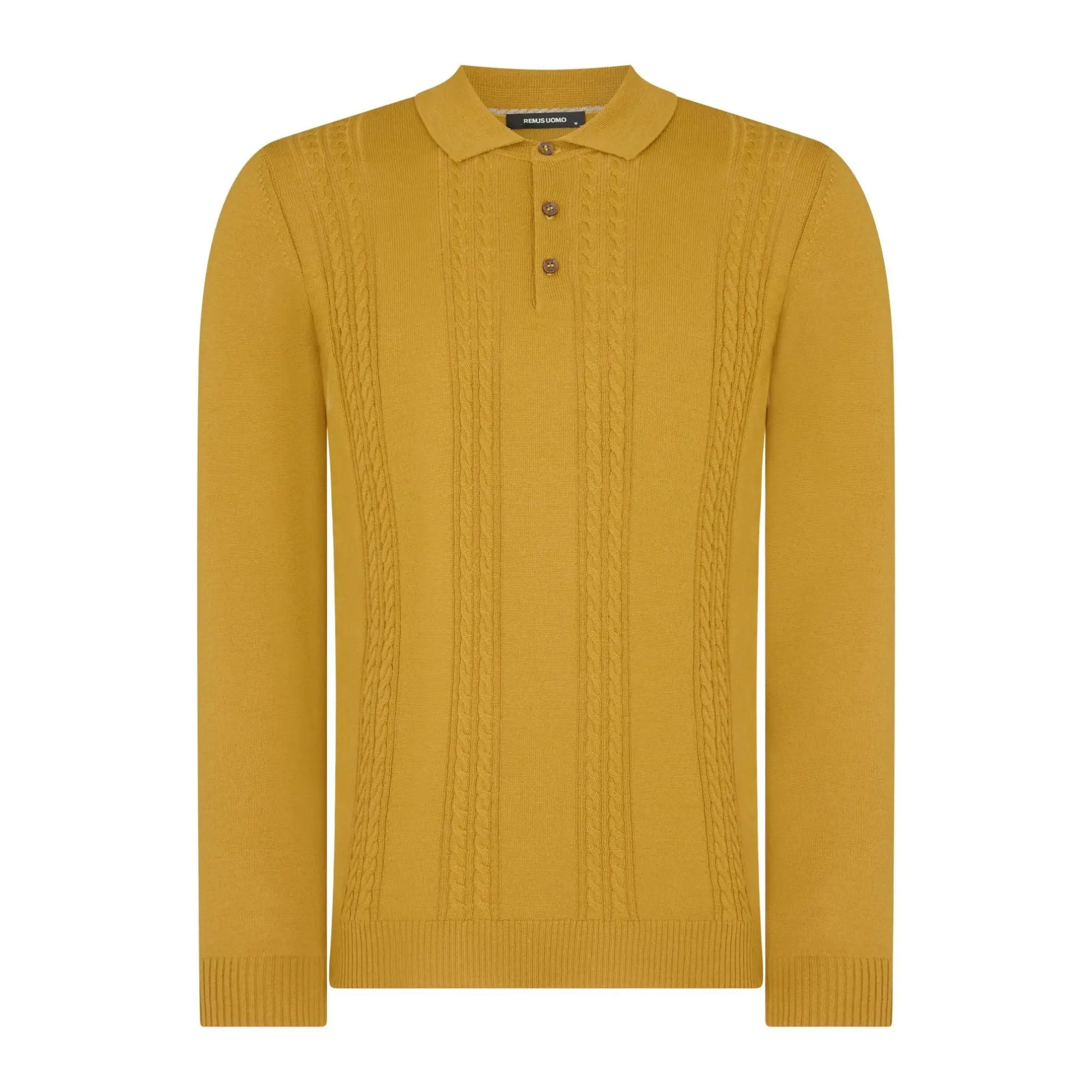 Buy Remus Uomo Cable Knit Long-Sleeve Polo - Yellow | Long-Sleeved Polo Shirtss at Woven Durham