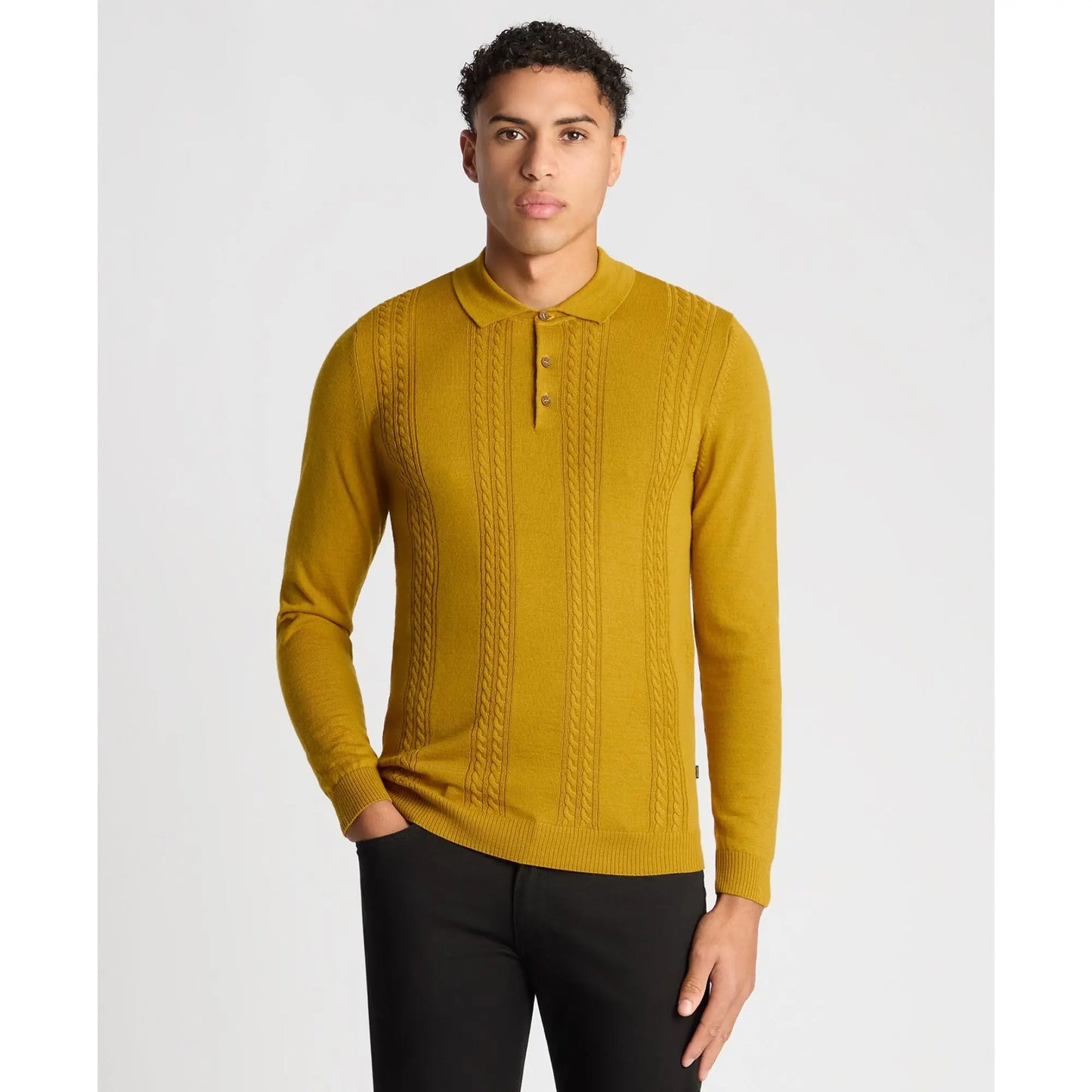 Buy Remus Uomo Cable Knit Long-Sleeve Polo - Yellow | Long-Sleeved Polo Shirtss at Woven Durham