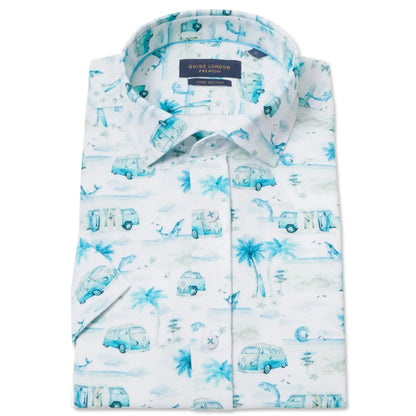 Buy Guide London Camper Van Print Shirt - White/Green | Short-Sleeved Shirtss at Woven Durham