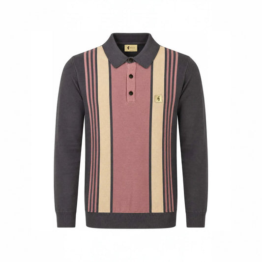 Buy Gabicci Vintage Charcoal Searle Striped Long Sleeve Knitted Polo | Short-Sleeved Polo Shirtss at Woven Durham