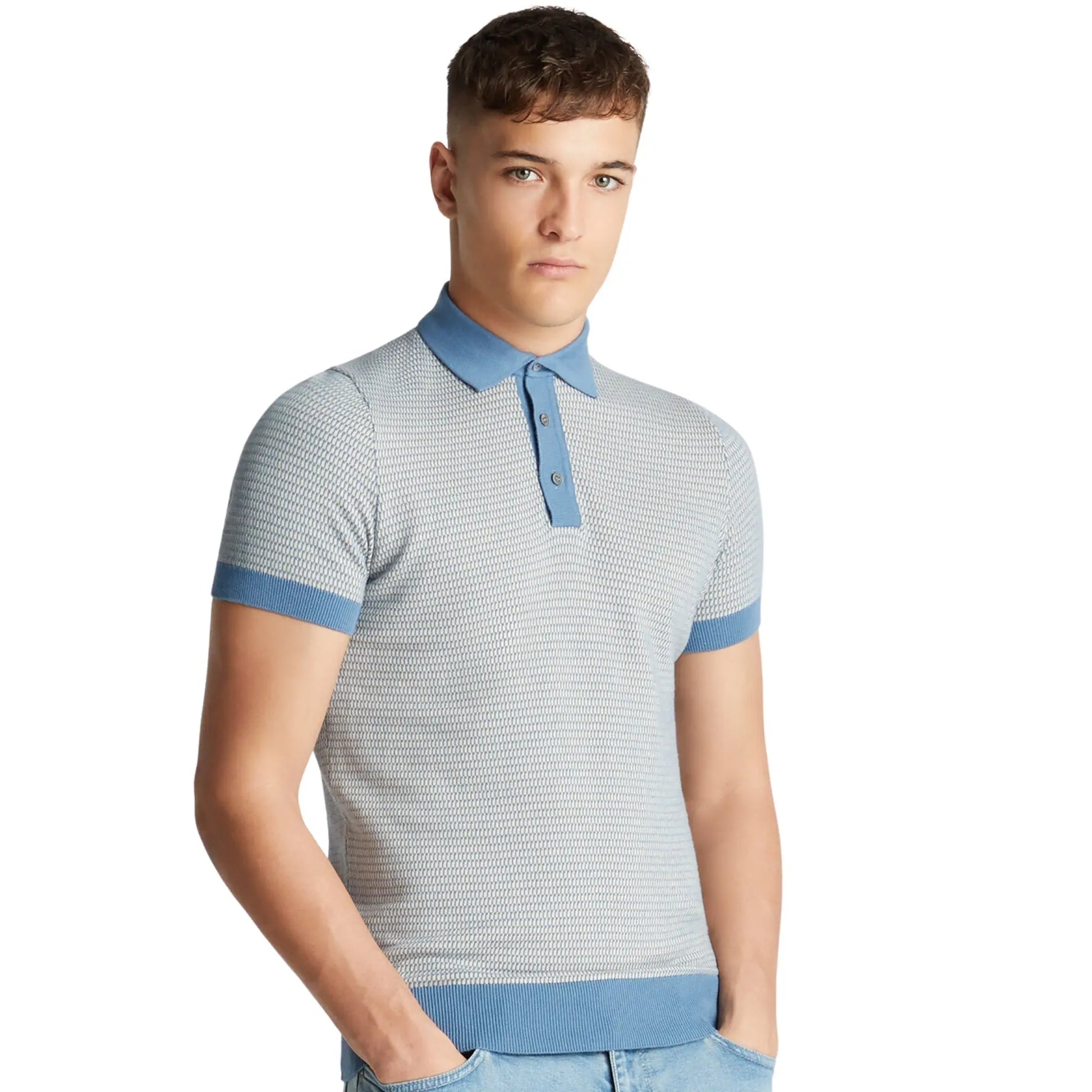 Buy Remus Uomo Contrast Collar Knitted Polo - Blue | Short-Sleeved Polo Shirtss at Woven Durham