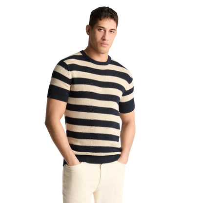 Buy Remus Uomo Crew Neck Striped Knitted T-Shirt - Navy | T-Shirtss at Woven Durham