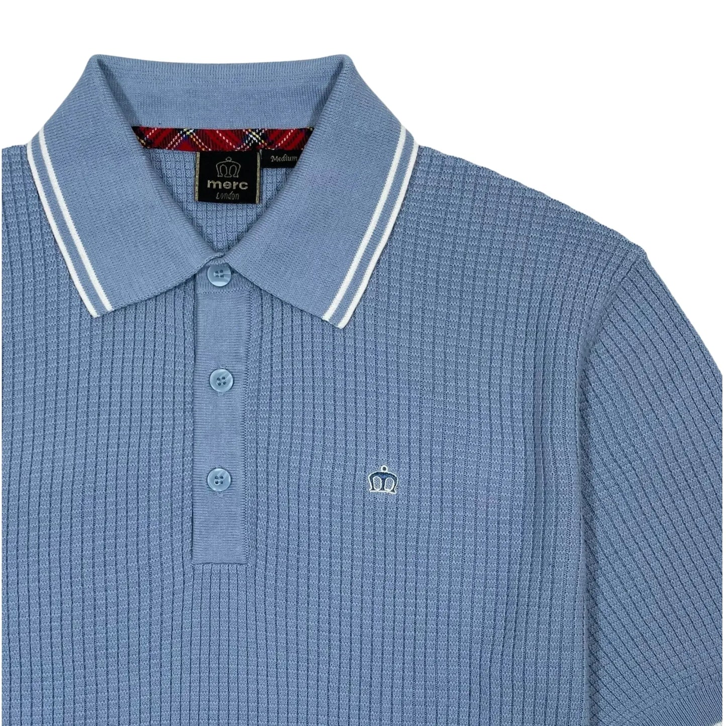 Buy Merc London Edmund Dust Blue Knitted Polo | Short-Sleeved Polo Shirtss at Woven Durham