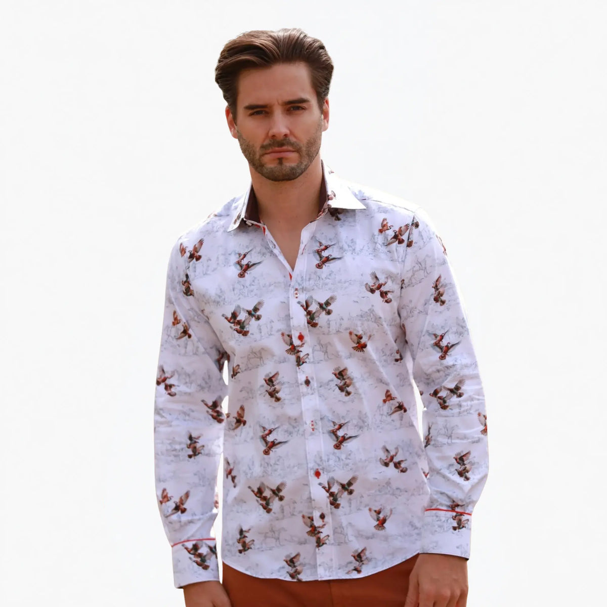 Buy Claudio Lugli Light Grey Pheasant Print Long Sleeve Shirt | Long-Sleeved Shirtss at Woven Durham