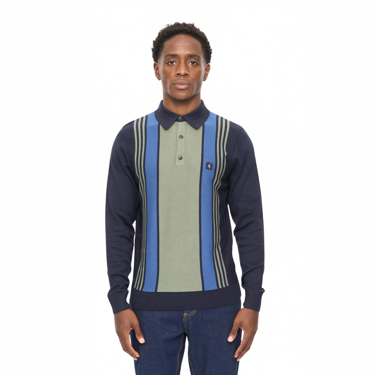 Buy Gabicci Vintage Navy Searle Striped Long Sleeve Knitted Polo | Long-Sleeved Polo Shirtss at Woven Durham