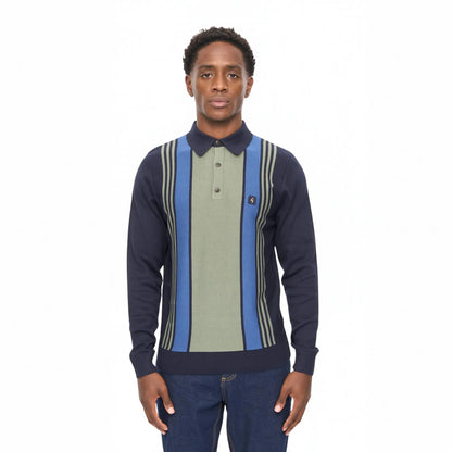 Buy Gabicci Vintage Navy Searle Striped Long Sleeve Knitted Polo | Long-Sleeved Polo Shirtss at Woven Durham