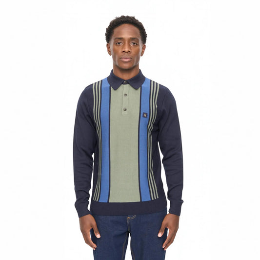 Buy Gabicci Vintage Navy Searle Striped Long Sleeve Knitted Polo | Long-Sleeved Polo Shirtss at Woven Durham