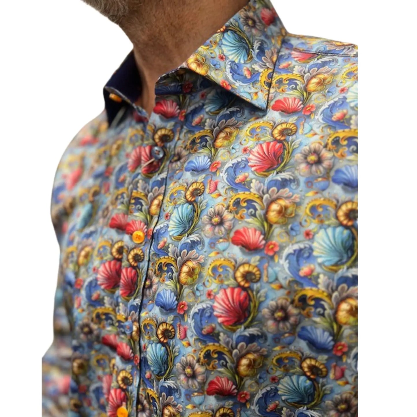 Buy Claudio Lugli Ornamental Floral Seashell Print Shirt - Blue | Long-Sleeved Shirtss at Woven Durham