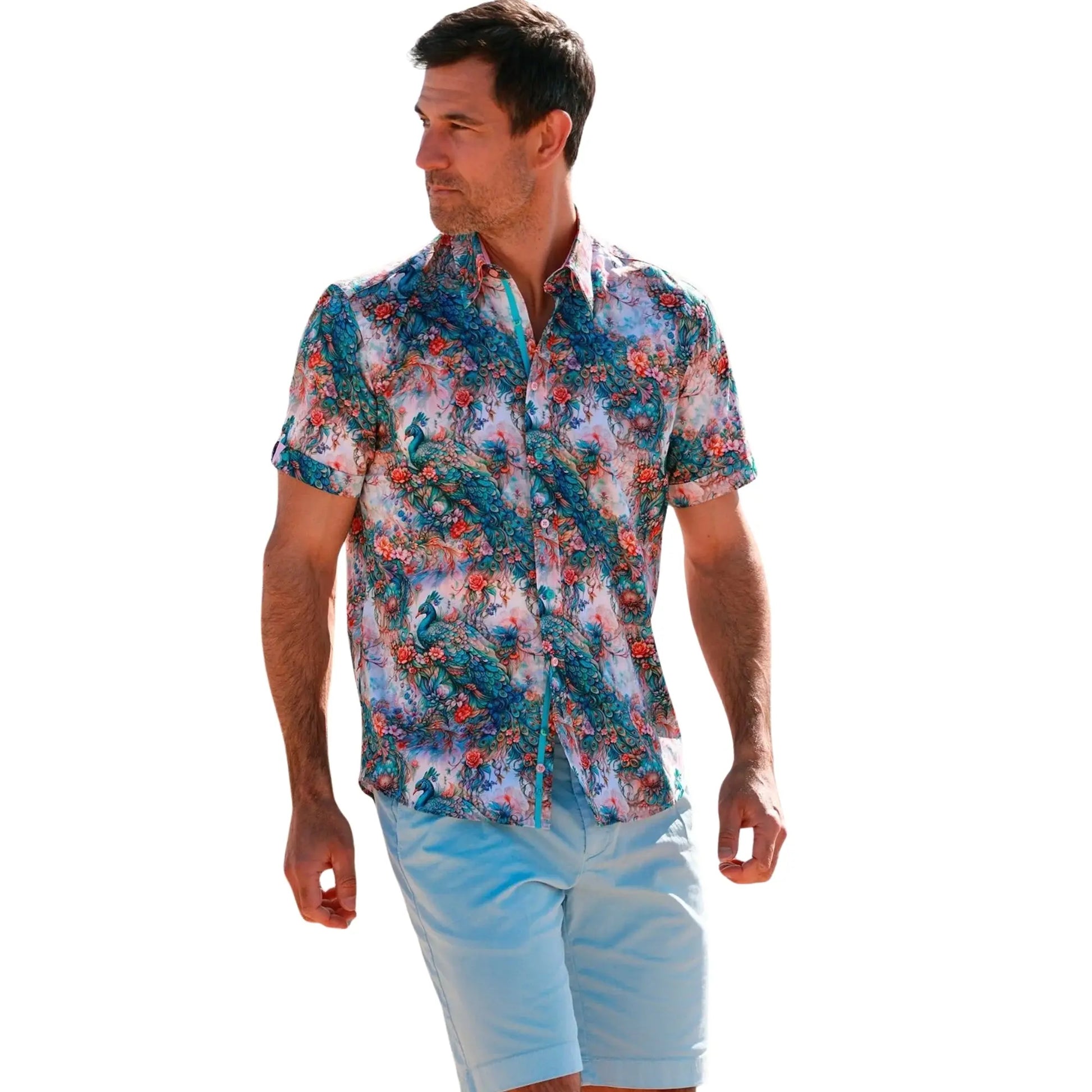 Buy Claudio Lugli Peacock Print Short Sleeve Shirt - Multi | Long-Sleeved Shirtss at Woven Durham