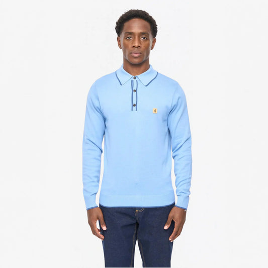Buy Gabicci Vintage Sky Blue Lineker Trim Collar Long Sleeve Knitted Polo | Short-Sleeved Polo Shirtss at Woven Durham