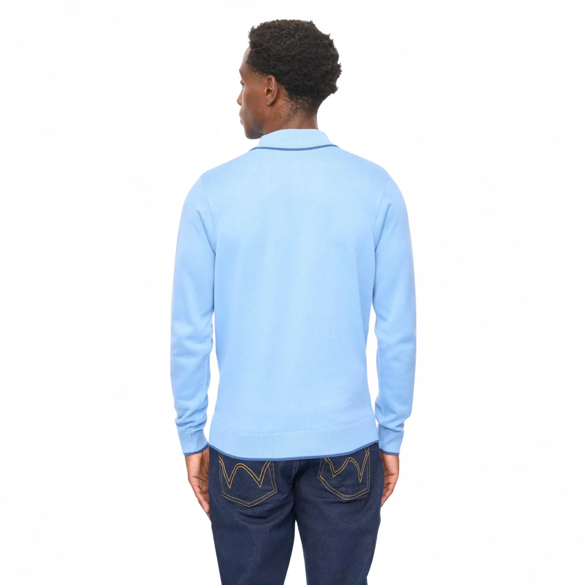 Buy Gabicci Vintage Sky Blue Lineker Trim Collar Long Sleeve Knitted Polo | Short-Sleeved Polo Shirtss at Woven Durham