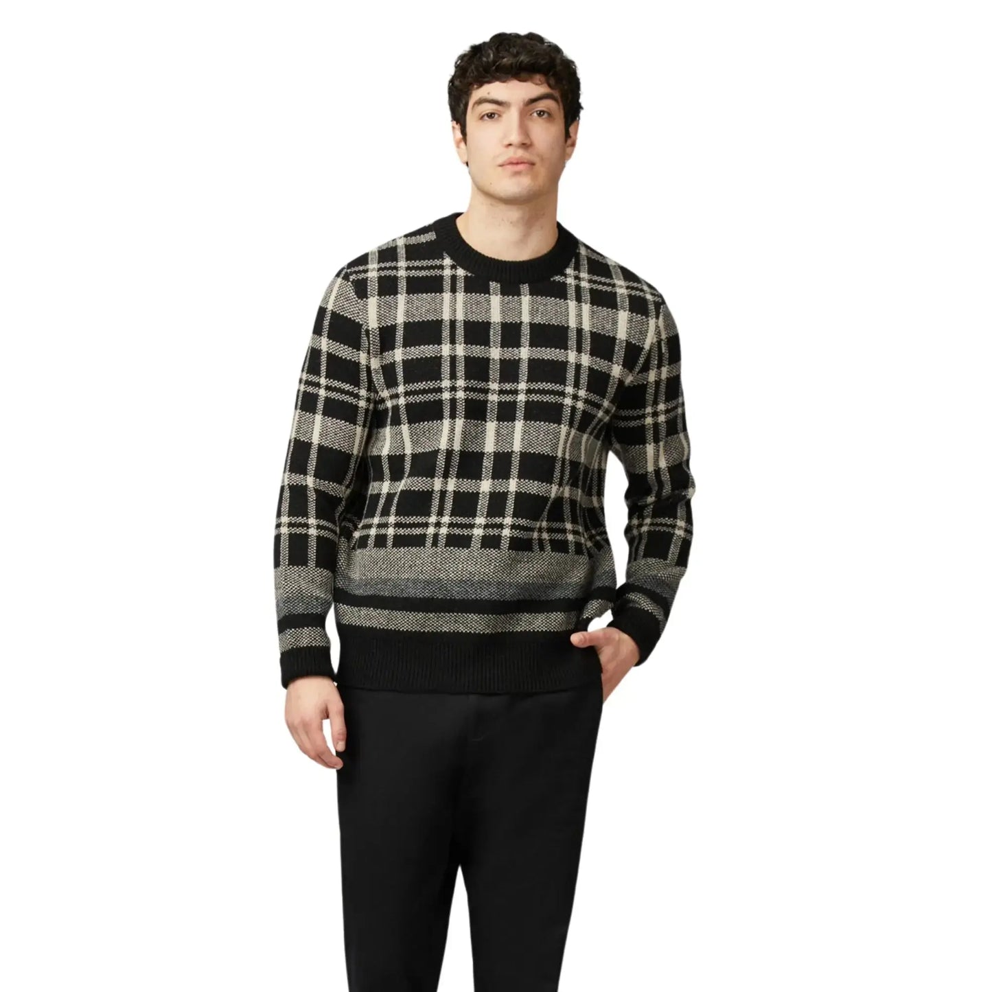 Buy Ben Sherman Tartan Jacquard Black Crew-Neck Jumper | Crew-Neck Jumperss at Woven Durham