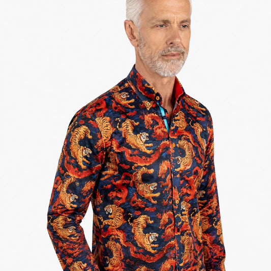 Buy Claudio Lugli Tiger and Dragon Print Navy Long Sleeve Shirt | Long-Sleeved Shirtss at Woven Durham